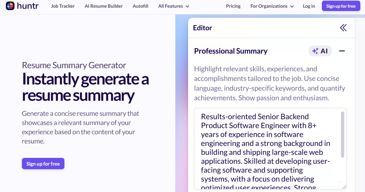 Huntr Resume Summary Generator