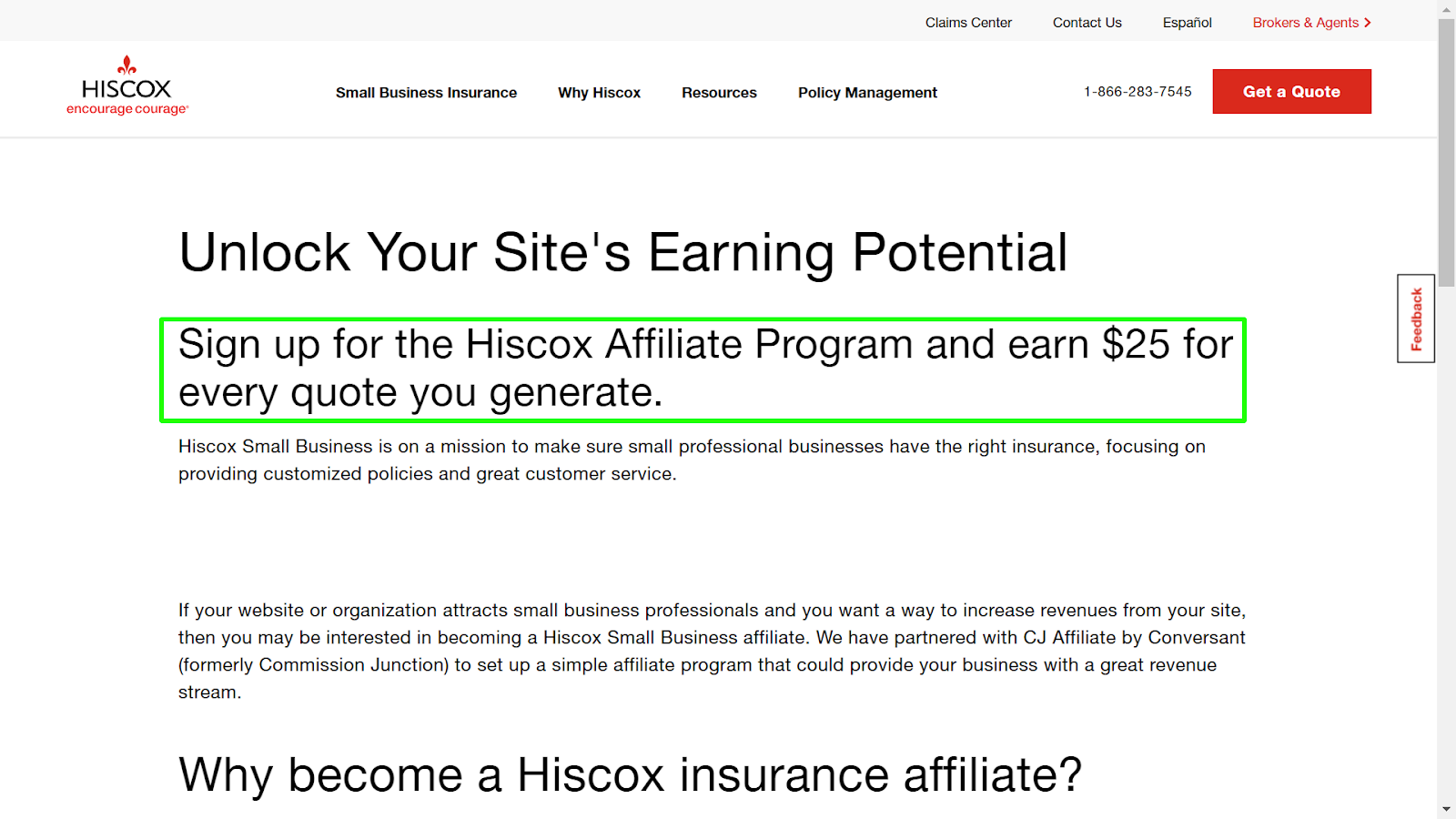 Screenshot from Hiscox affiliate program landing page, an American insurer that uses a flat fee affiliate commission model.