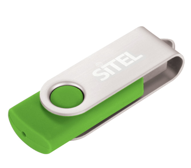 Screenshot of a green and silver USB drive. 