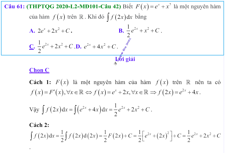 Công thức Nguyên hàm và bài tập từ đề thi có giải chi tiết
