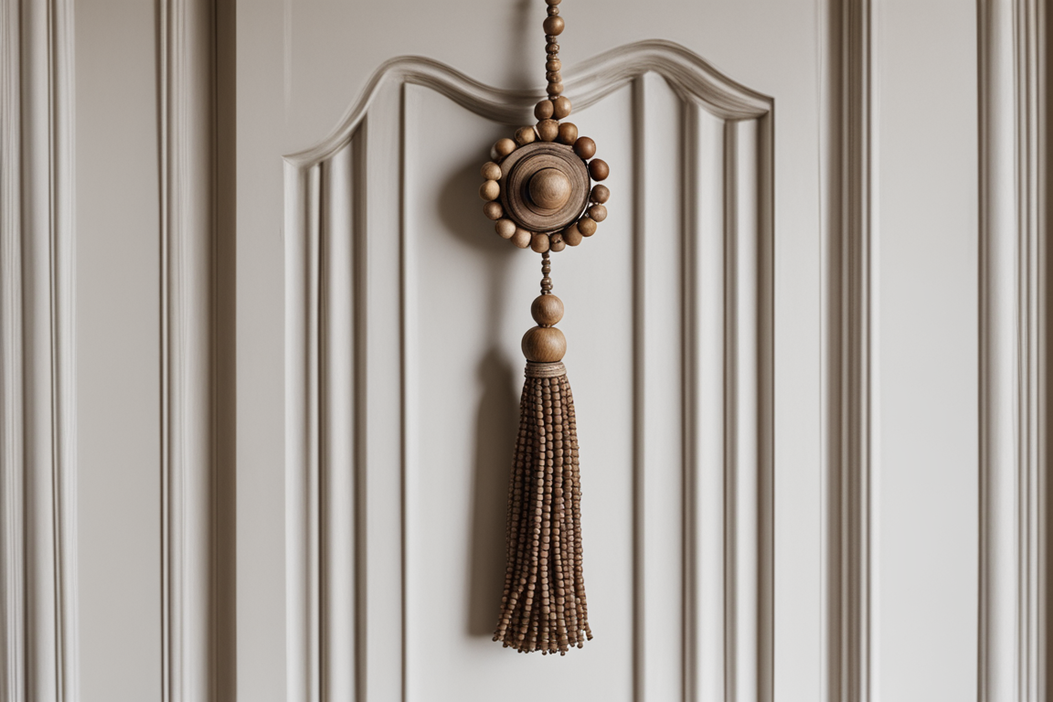 Elegant wood bead tassel hanging from a doorknob