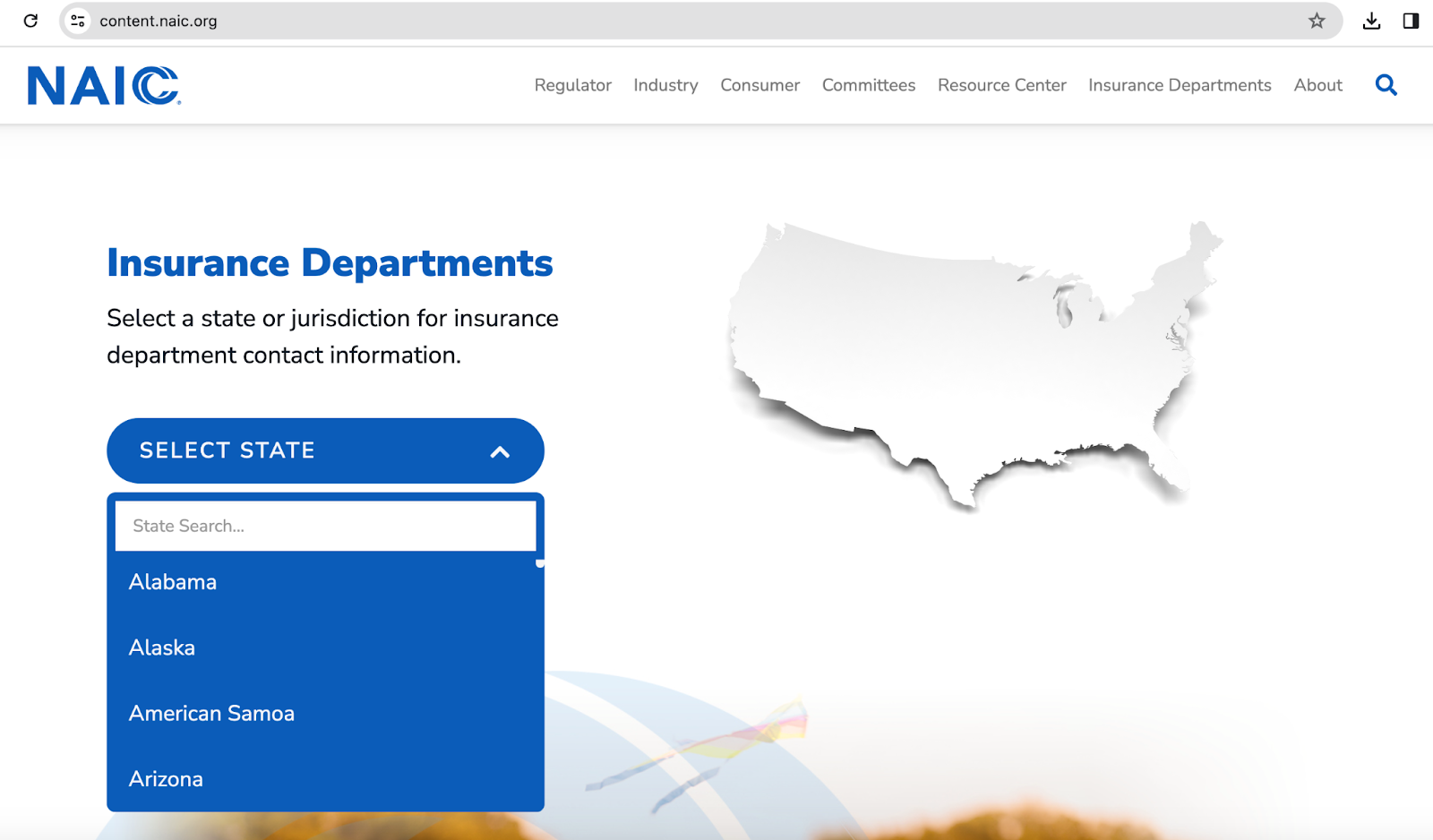 Screen cap from the NAIC website showing a dropdown where you can select a state of jurisdiction to search for insurance contact information.