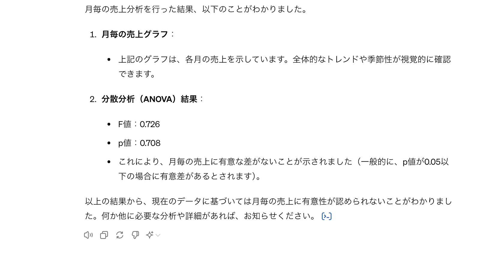 ChatGPTで月間売上データを分析した結果を出力