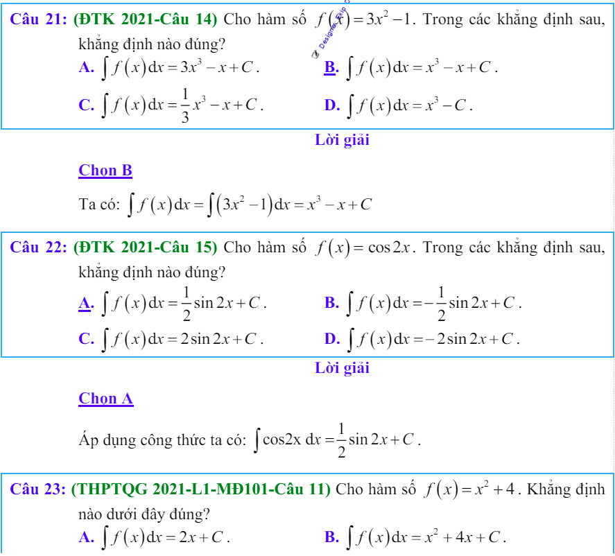 Công thức Nguyên hàm và bài tập từ đề thi có giải chi tiết