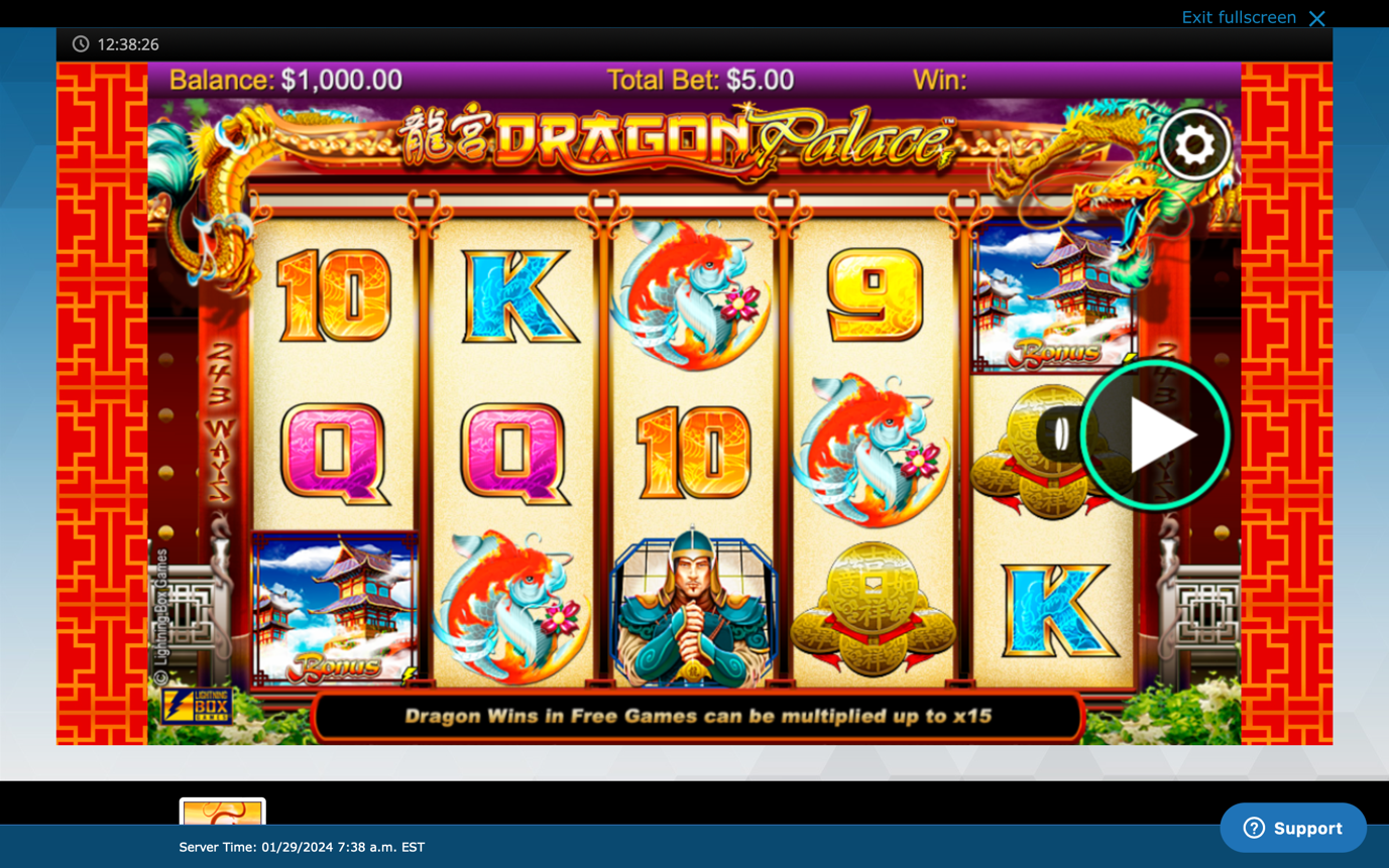 A screen shot of a resorts casino online year of the dragon slot game , dragon palace with a red background and a 5x3 grid with symbols of koi fishes, letters and temples.