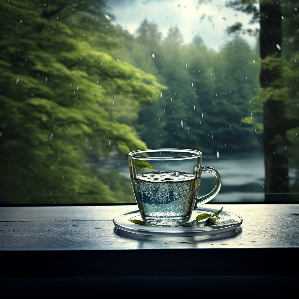 glass cup of water sitting out in a rainy scene