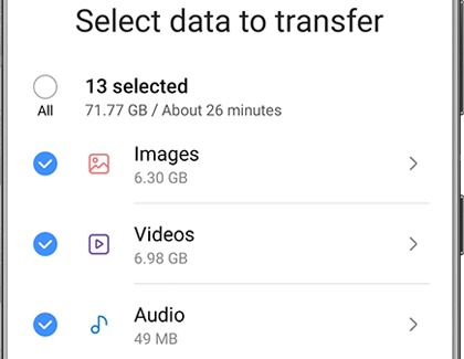 List of media data to transfer with the Smart Switch app on a Galaxy phone
