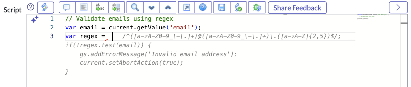 Code suggestion for a prompt with both a text comment and the beginning of a function to validate emails using regex.