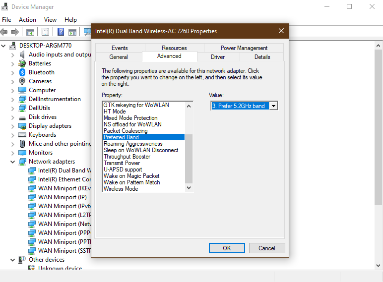 Changing frequency band on Windows 