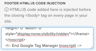 A screenshot of the Footer HTML/JavaScript Code Injection field in Payhip's store builder