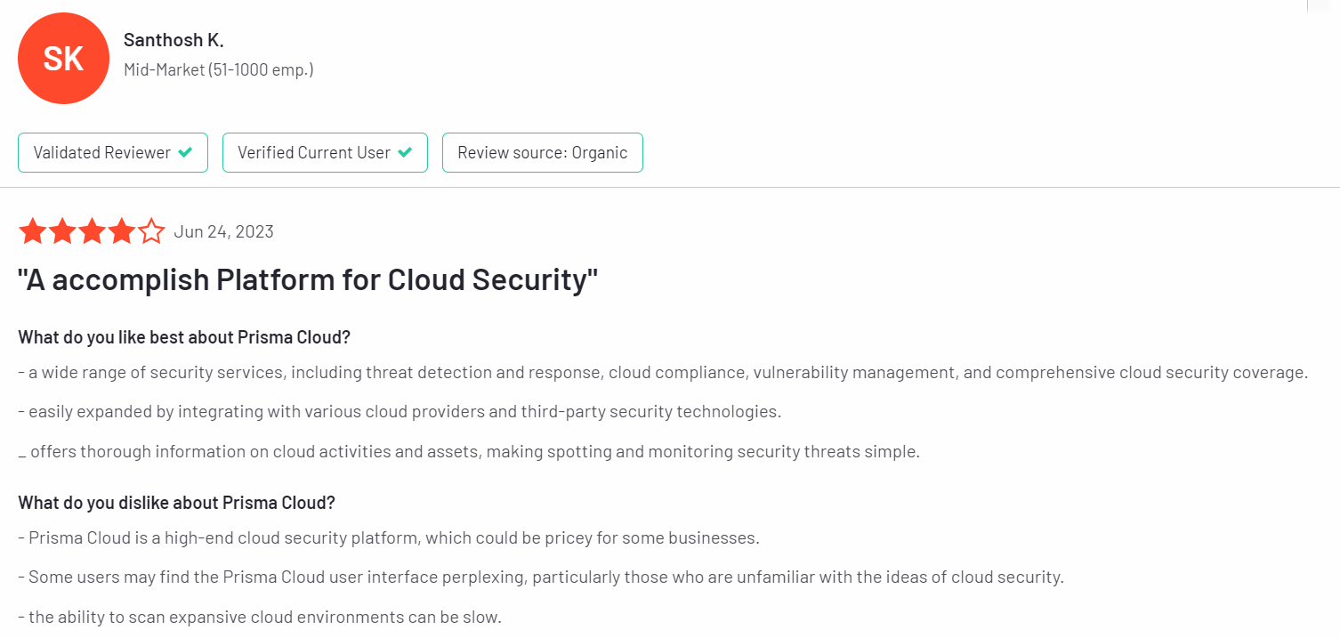 This image gives a user review about PrismaCloud, one of the Qualys alternatives. It is taken from G2.