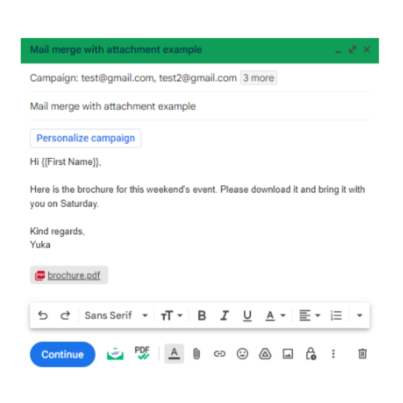 Email template with tracked PDF attachment 
