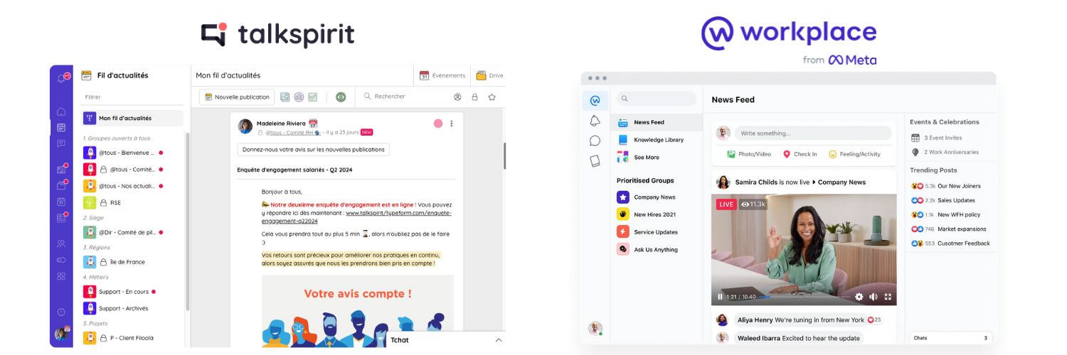 Copies d'écran des fil d'actualités de Talkspirit et Workkplace de Meta qui a annoncé sa fermeture