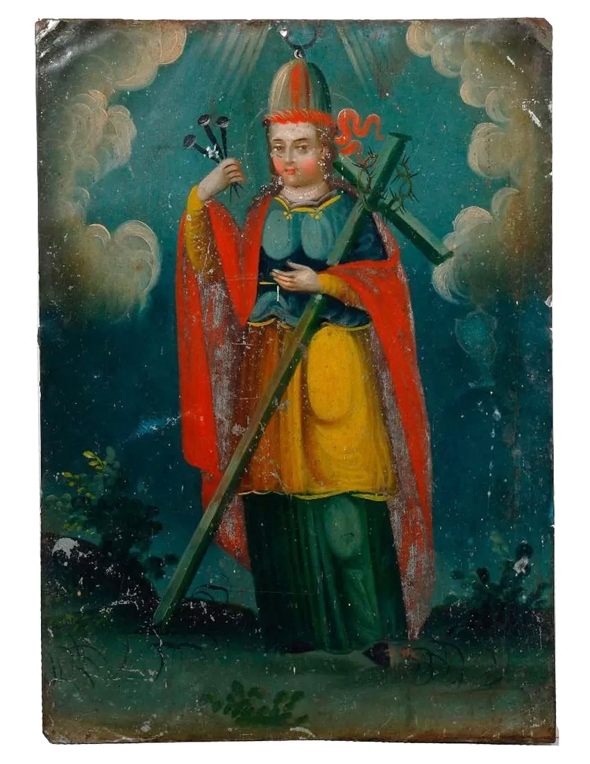 A painting of a person holding a cross

Description automatically generated