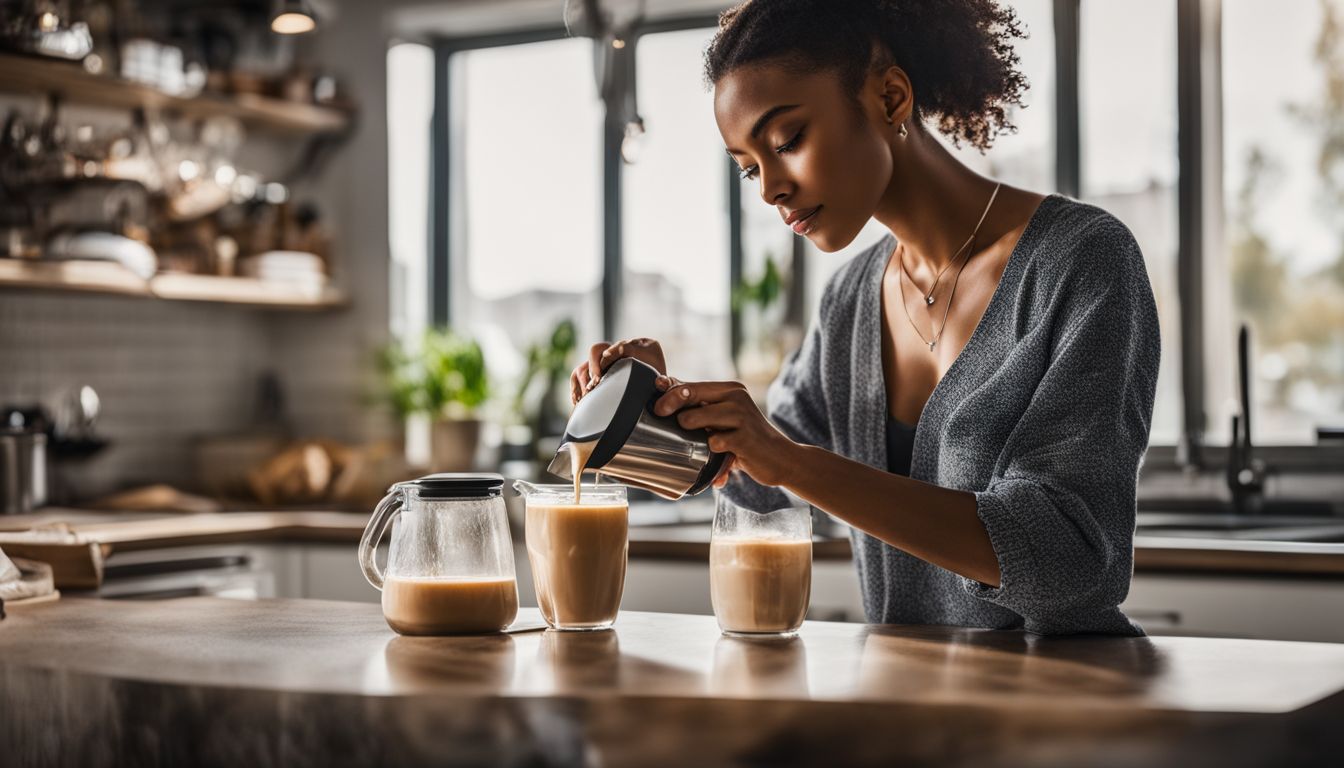 A person making an iced vanilla latte in a stylish kitchen.