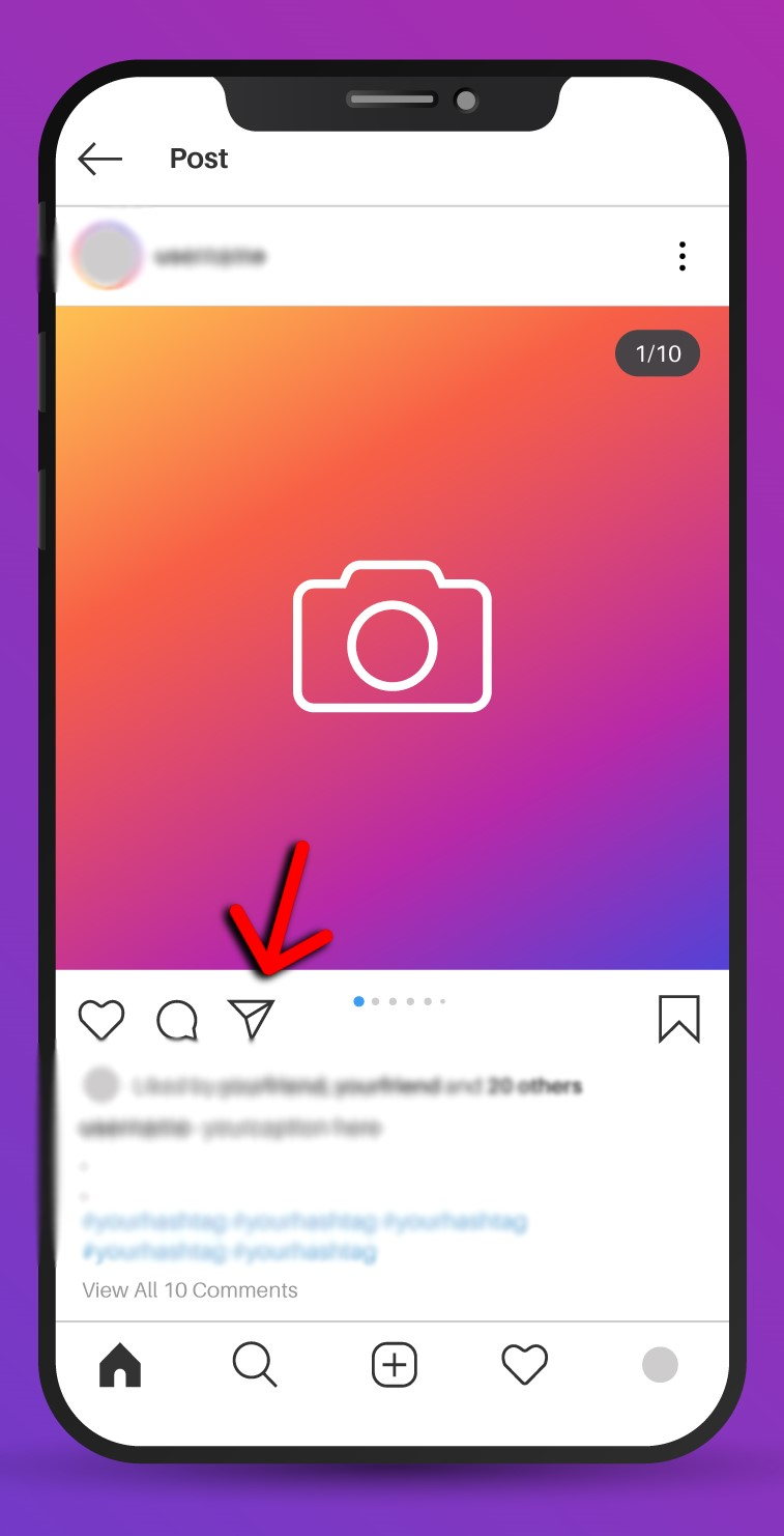 Arrow pointing towards the DM icon of Instagram app.