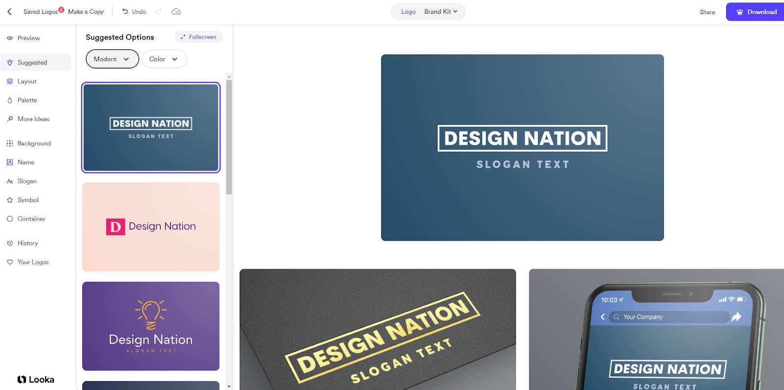 screenshot of looka logo in creation, editor dashboard with design nation slogan text