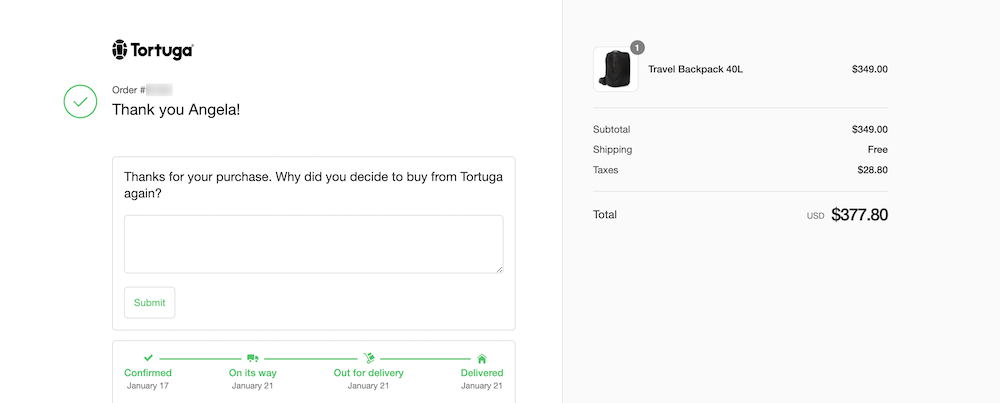 Post-purchase surveys employed by Tortuga to gather feedback.