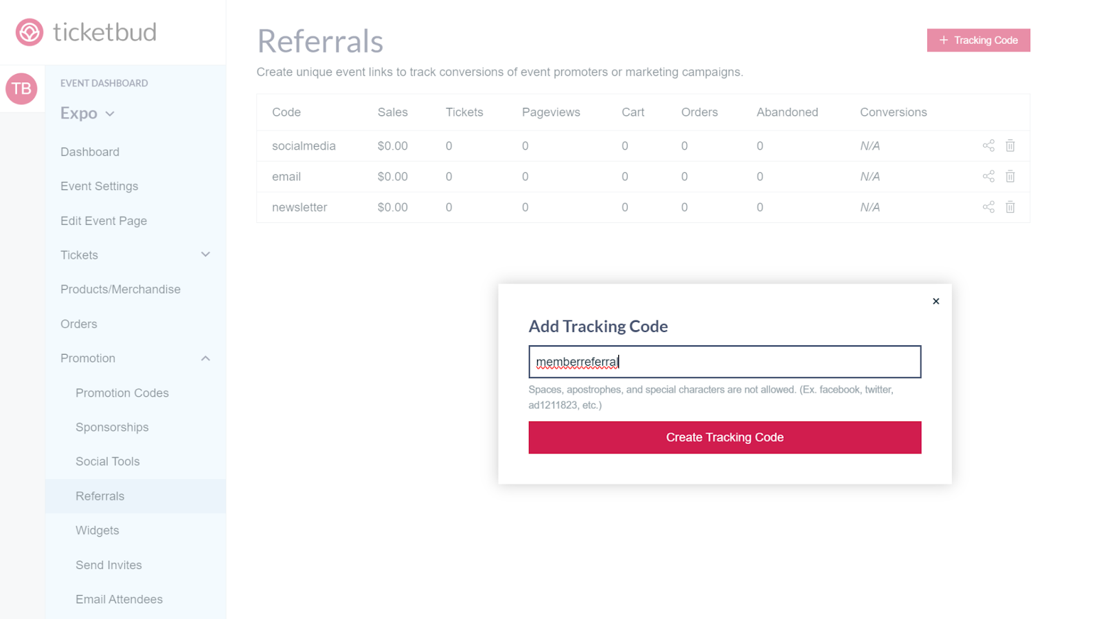 referral tracking code creation