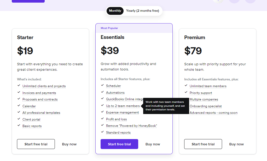 HoneyBook Pricing Plans