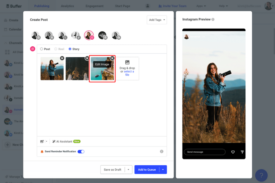 A screenshot showing how to schedule Instagram stories in Buffer