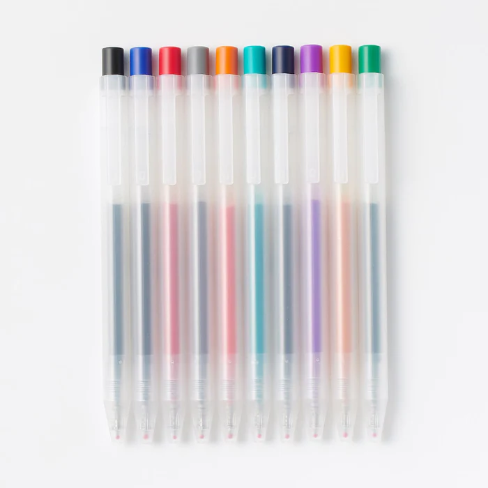 Set of 10 Knock-Type Ballpoint Pens with 0.5mm Fine Smooth Gel Ink in a Variety of Colors