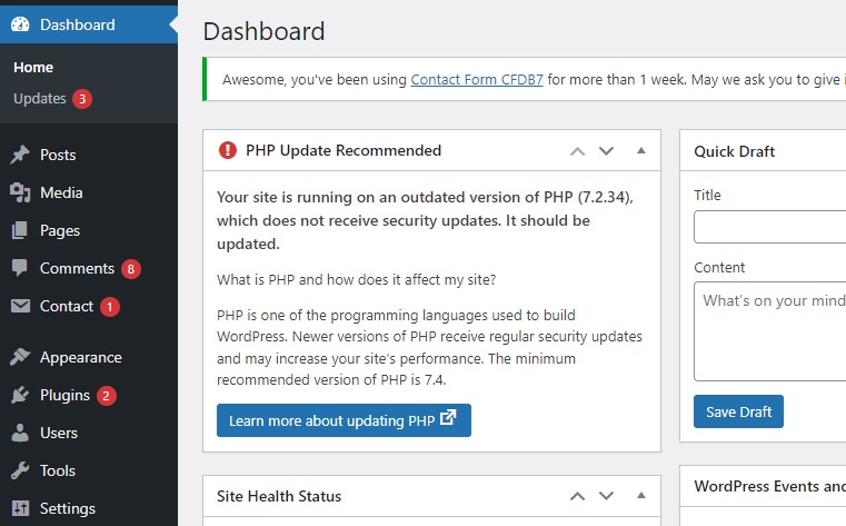 Core Update Dashboard in WordPress Admin
