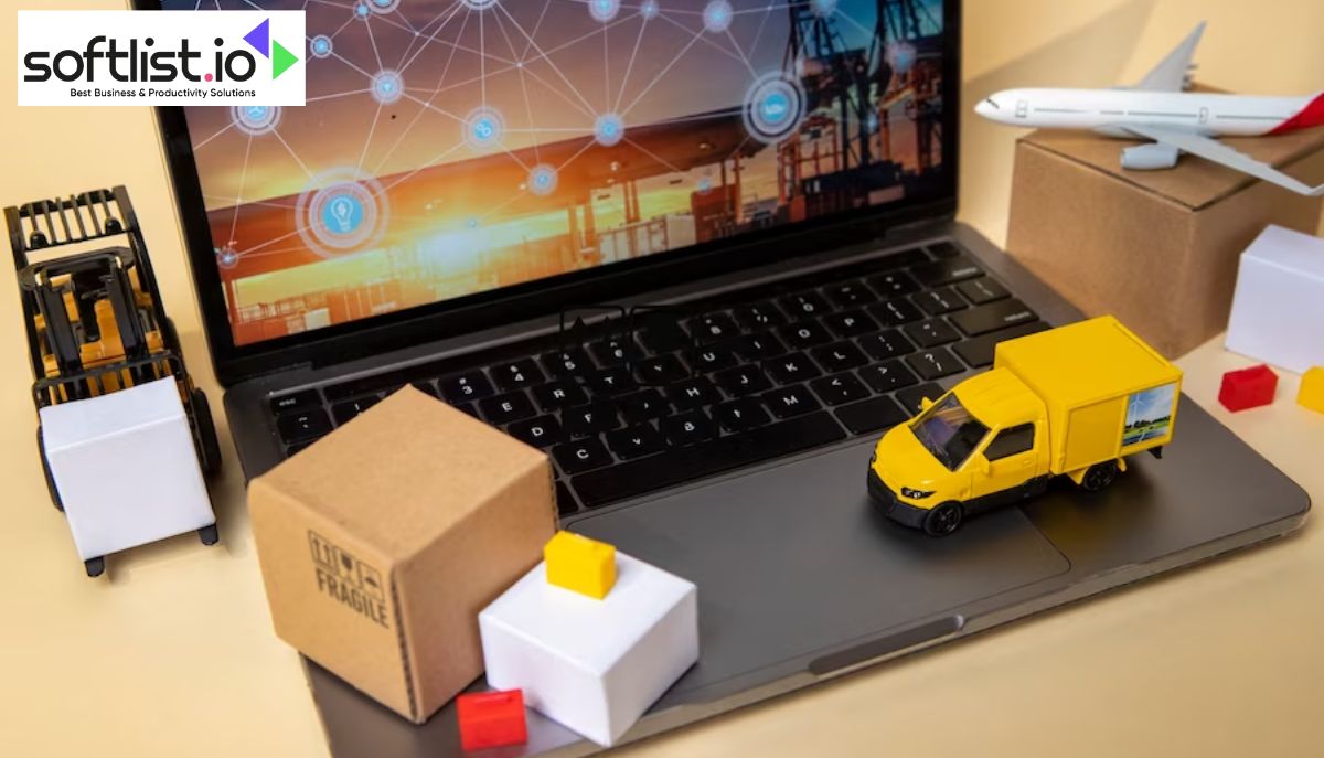 A laptop on a table with a toy airplane boxes and a delivery vehicle, showcasing efficient Amazon Warehouse Management systems.