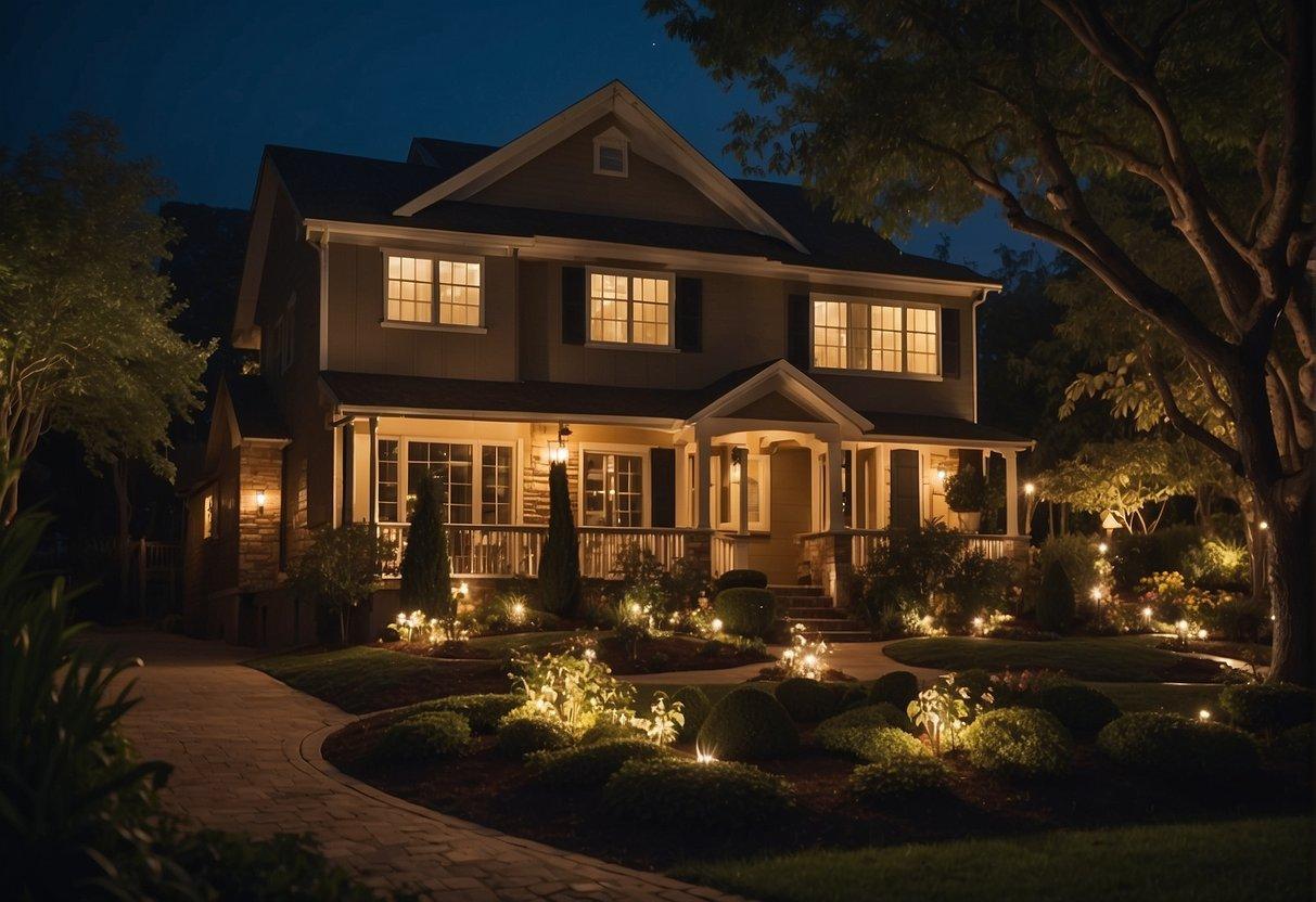 A house at night with strategically placed landscape lighting highlighting the architecture and foliage, creating a warm and inviting ambiance
