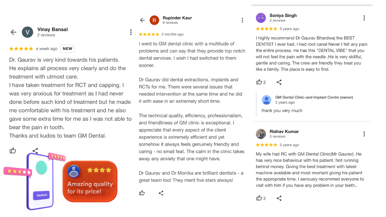 testimonies for painless dentistry at GM Dental Clinic, Rohini
