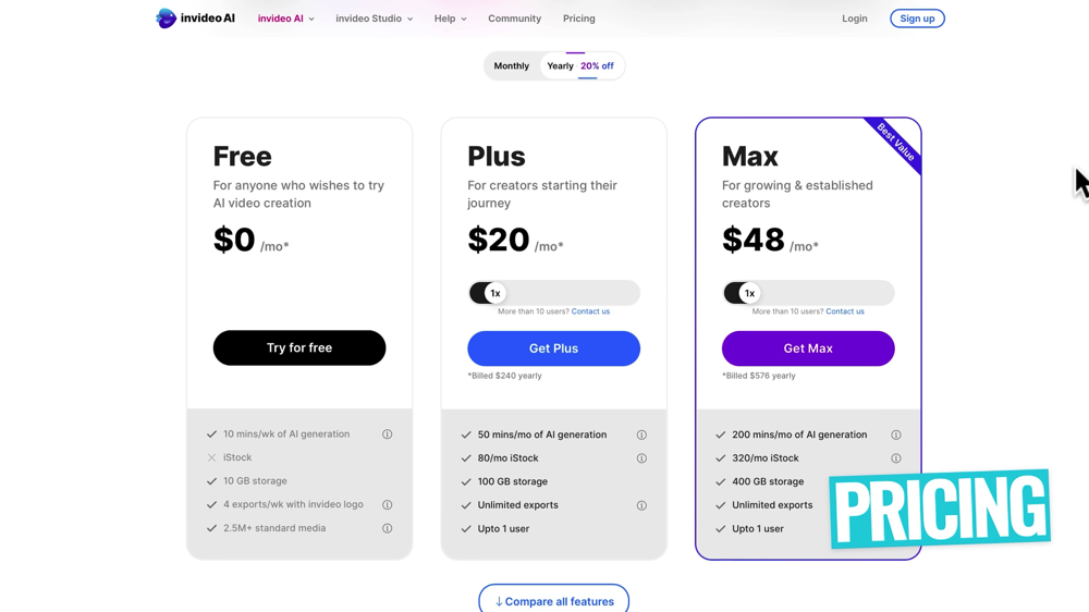 invideo AI Pricing Plan options