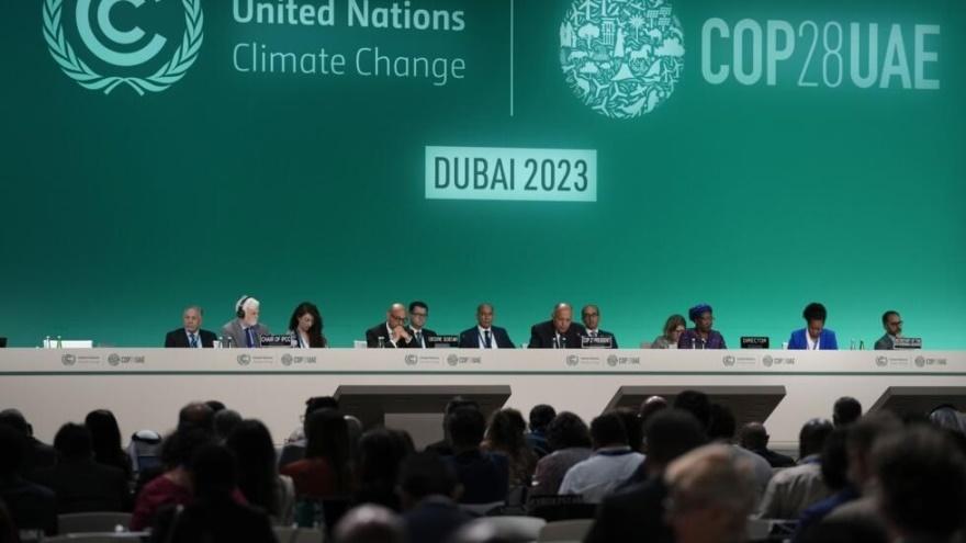 Sameh Shoukry, COP27 president, center, attends the opening session at the COP28 U.N. Climate Summit, Thursday, Nov. 30, 2023, in Dubai, United Arab Emirates. (AP Photo/Peter Dejong)