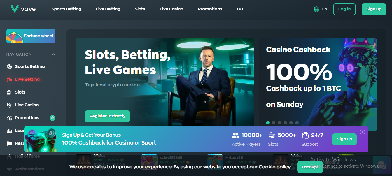 Vave's Live betting page