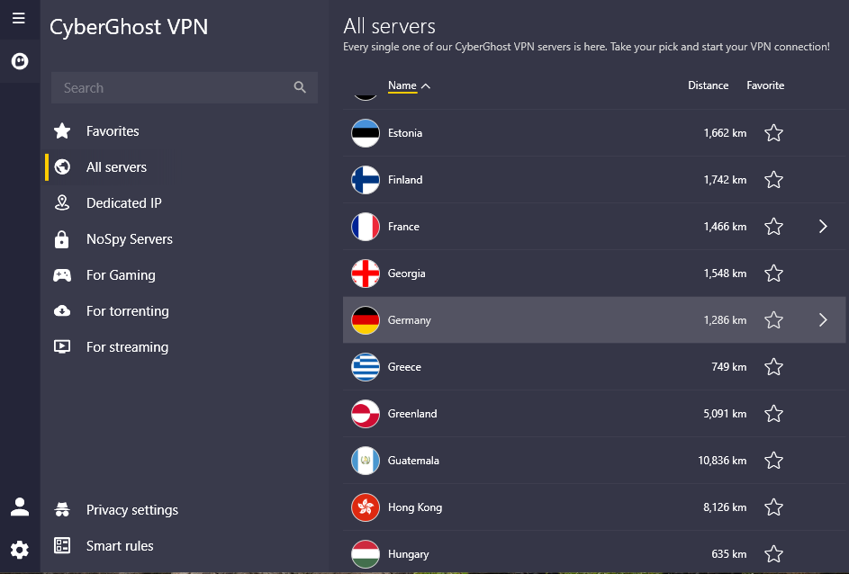 Image of the CyberGhost VPN's interface showing VPN server locations. 