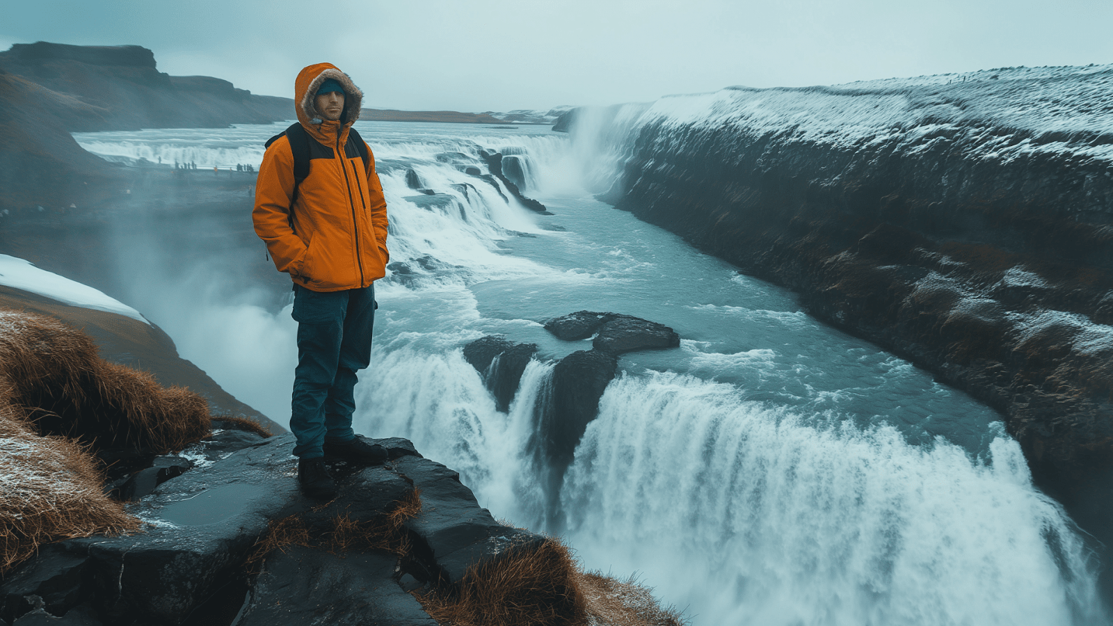 Adventurer in orange gazes at a powerful Icelandic waterfall
