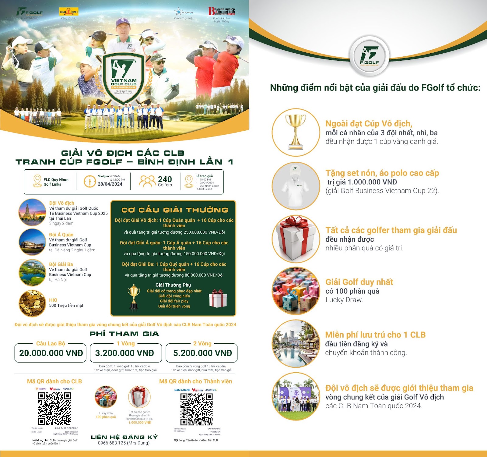 Thông tin cơ cấu giải thưởng của giải Vô địch các CLB tranh cup FGolf - Bình Định lần 1 