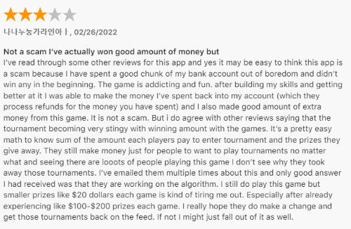 A 3-star Apple App Store Bubble Cash review from a user who says the game is legit, but they're disappointed with the reduced availability of tournaments with higher cash prizes. 