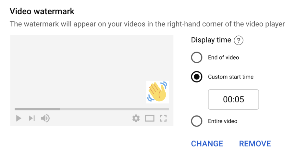 Ví dụ về hình mờ video ở góc dưới bên phải của mô hình video.  Cửa sổ tùy chỉnh hình mờ video cung cấp cho bạn tùy chọn điều chỉnh thời điểm và thời lượng hình mờ video xuất hiện.