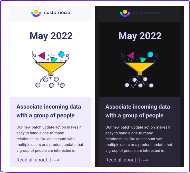 Customer.io light and dark mode example