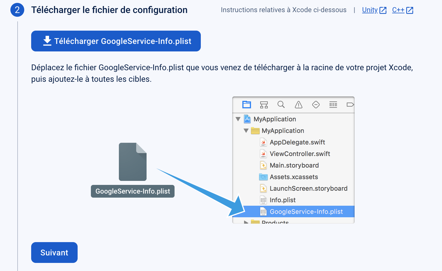Capture d'écran de Firebase montrant où ajouter le fichier GoogleService-Info.plist