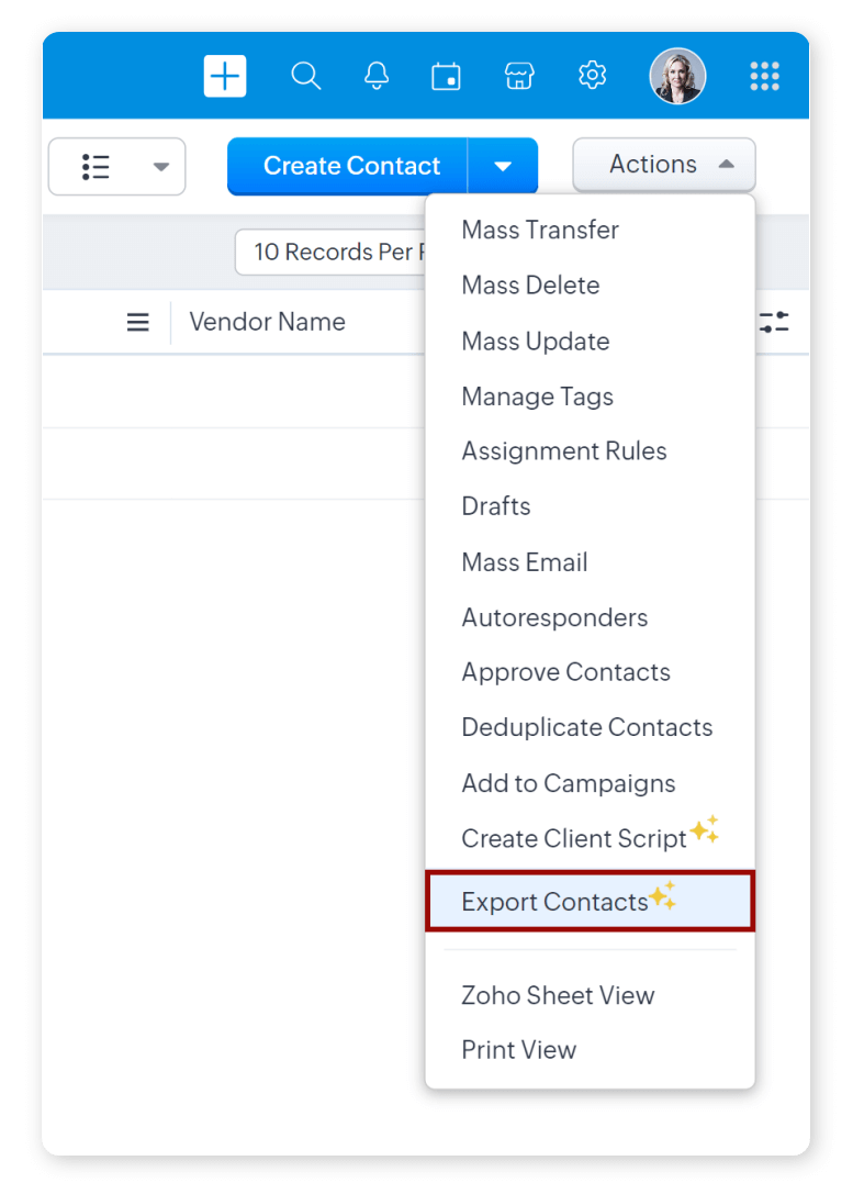 To export contacts through custom view on Zoho CRM