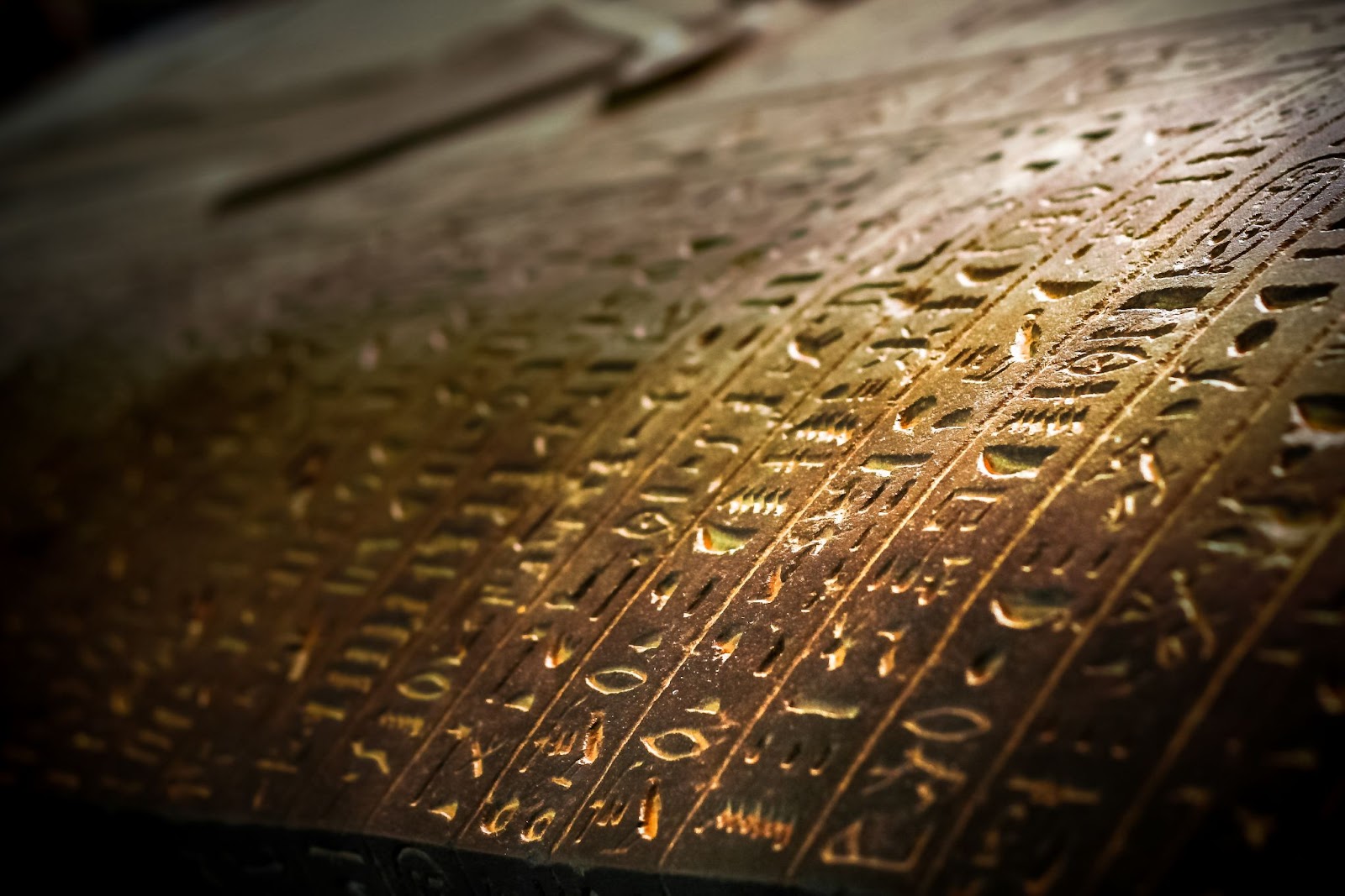 Símbolos da língua egípcia esculpidos no sarcófago da múmia.
