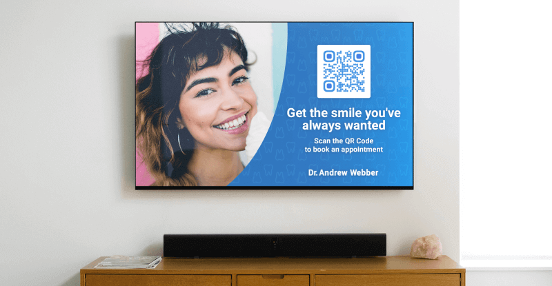 A Business Page QR Code in a dentist's TV commercial prompting viewers to scan and book an appointment