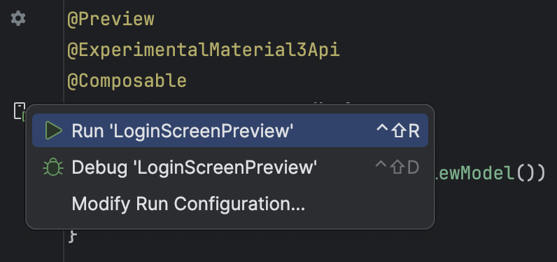 Tela com o app carregado no emulador ou device físico, nela é possível conferir Run ‘LoginScreenPreview’ selecionado.