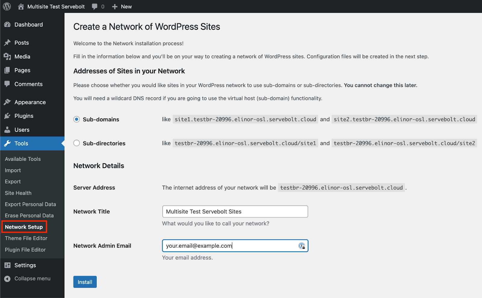 Screenshot of the WordPress Multisite Network Setup page. Ine image you can choose betwen setting up a sub-domans or a sub-directories multisite.