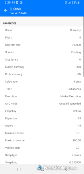 Tickmill MT5 mobile trading app contract specifications
