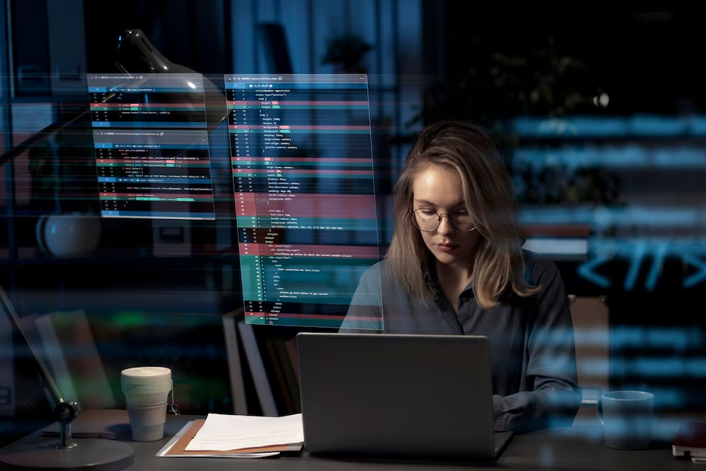 Mulher programando no computador a partir de banco de dados