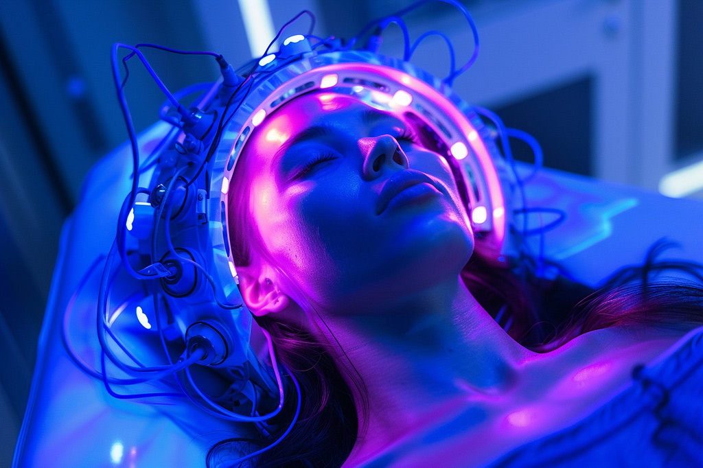 Frau schläft in einem Schlaflabor mit einem fortschrittlichen EEG-Gerät auf ihrem Kopf.