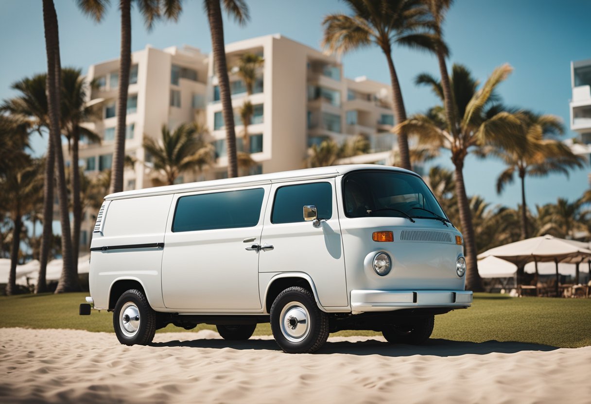 A sleek, modern van parked on a sunny beach, with waves crashing in the background and palm trees swaying in the breeze