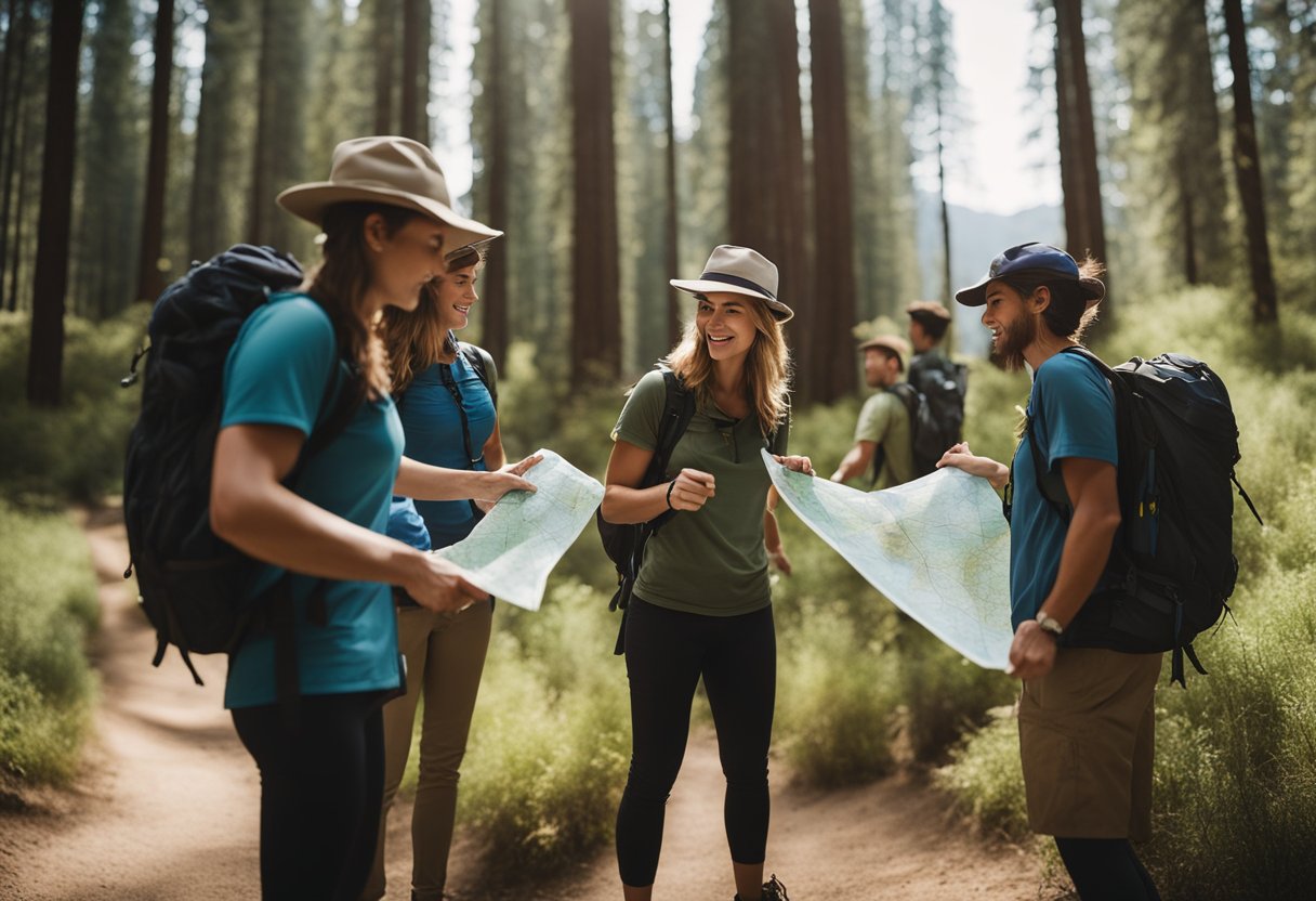 Hikers gather around a trail map, pointing to different routes. A scenic backdrop of mountains and forests sets the scene for planning a hiking adventure in California